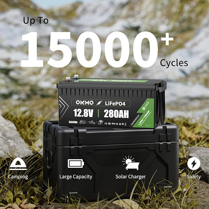 OKMO 12V 280Ah LiFePO4 Lithium Battery Built-in 150A BMS Low-Temp Protection for RV, Solar/Off-Grid Applications, Home Energy Storage, Marine