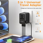 Universal Travel Adapter, VYLEE 70W International Plug Adapter with PD Fast Charging, 5-Port (1 AC/1 USB-A/3 USB-C), Wall Charger Worldwide Travel Essentials Plug for USA EU UK AUS Japan (Black)