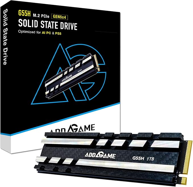 Addlink G55H 1TB PCIe 5.0 Gen5 NVMe M.2 SSD with Heatsink - Up to 10,200 MB/s - Game Ready - Internal Solid State Drive - Compatible with PCs and PS5 (ad1TBG55HM2P)