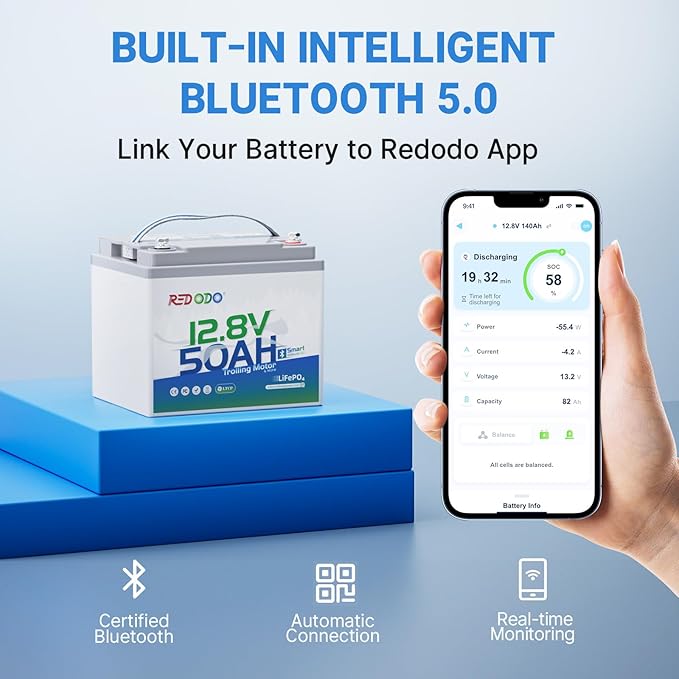 Redodo Smart Bluetooth 12V 50Ah LiFePO4 Lithium Battery for Trolling Motor, Low-Temp Protection, 10 Years Lifetime, Lightweight & Portable Perfect for RV, Solar, Boat Marine and Camping