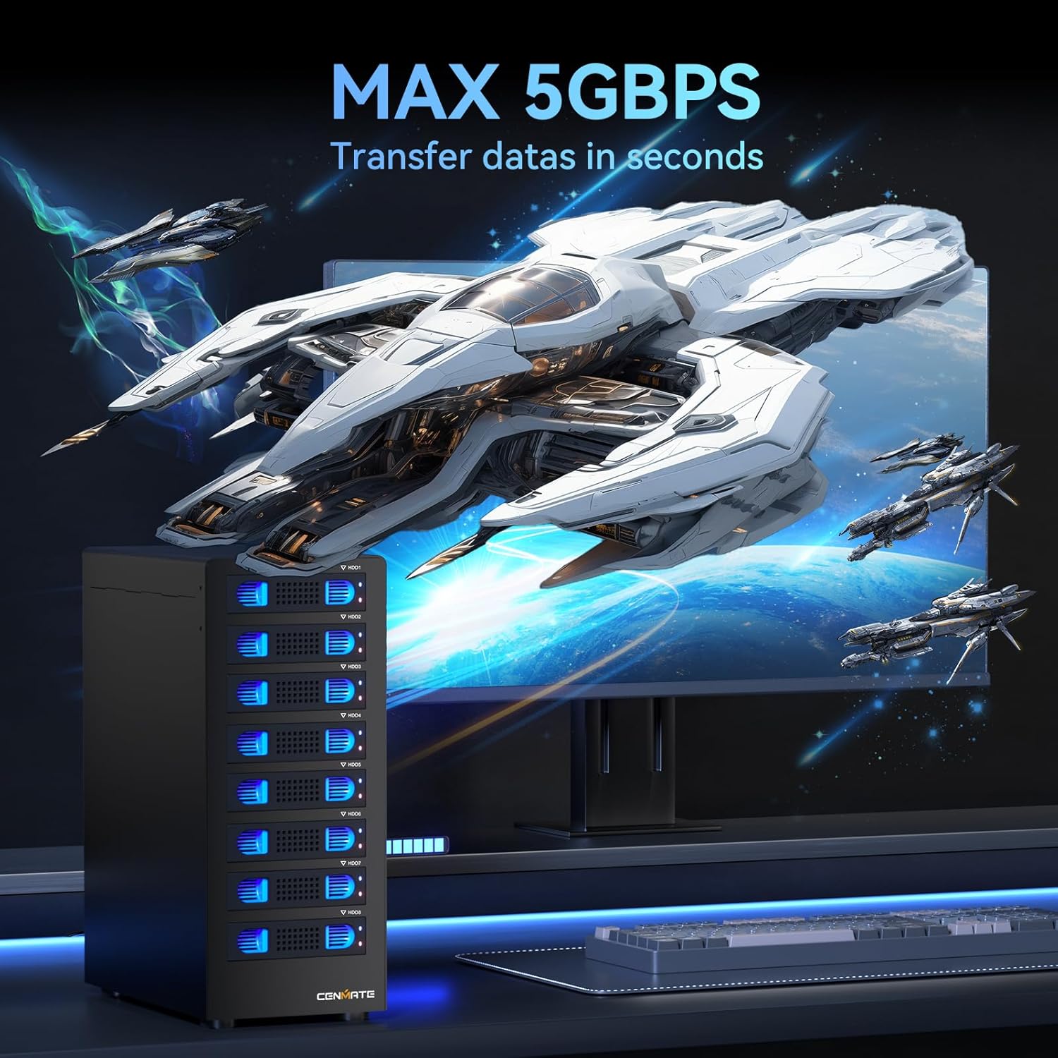 8 Bay Hard Drive RAID Enclosure with Cooling Fan for 2.5/3.5" SATA HDD/SSD with USB A/C 3.0＋eSATA Cable, 3.5 Hard Drive Enclosure Supports 160TB Capacity, 8 RAID Modes, DAS(NO NAS)