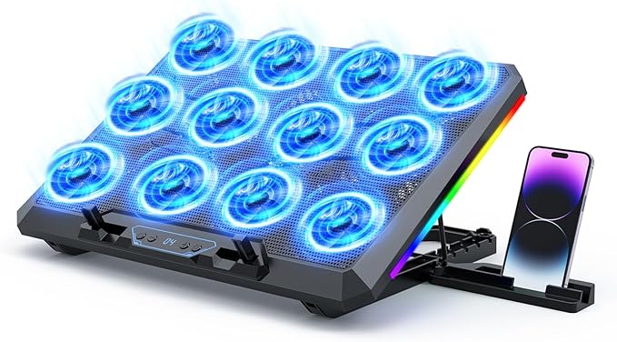 Laptop Cooling Pad with 12 Quiet Fans, Slim Portable for 12-17.3 Inch Laptop Cooler Stand, RGB Lighting, with 5 Height Adjustable, Gaming Cooling Fan Pad, USB/Type-C & Phone Holder (LCD)