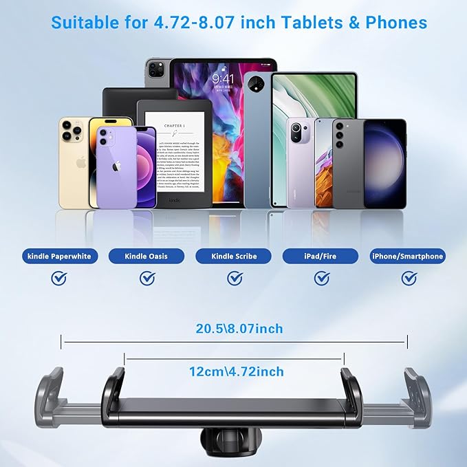 Gooseneck Tablet Holder for Kindle Reading in Bed, Hands Free Desk Bedside Lazy Arm Stand for Kindle Accessories, Compatible with iPhone iPad mini