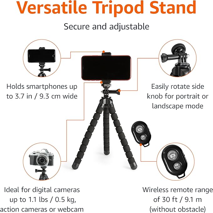 Amazon Basics Portable and Flexible Tripod with Wireless Remote and Smartphone Clamp, 10-inch long, Black