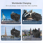 Universal Travel Adapter - 1 USB-C & 1 USB-A Fast Charging Travel Charger, Worldwide Plug Adapter for EU UK USA AU, Black