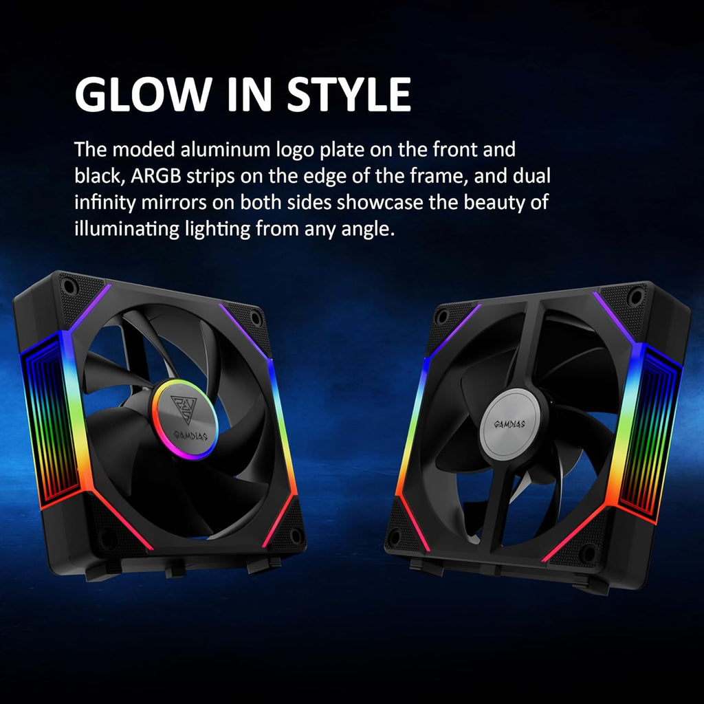 GAMDIAS 120mm ARGB PWM Case Fan, 2 Blades in 1 Fan Pack (Standard & Reverse Blades), Sync with RGB Motherboards, Easy Installation & Cable Management w/Cabless Daisy Chain Design