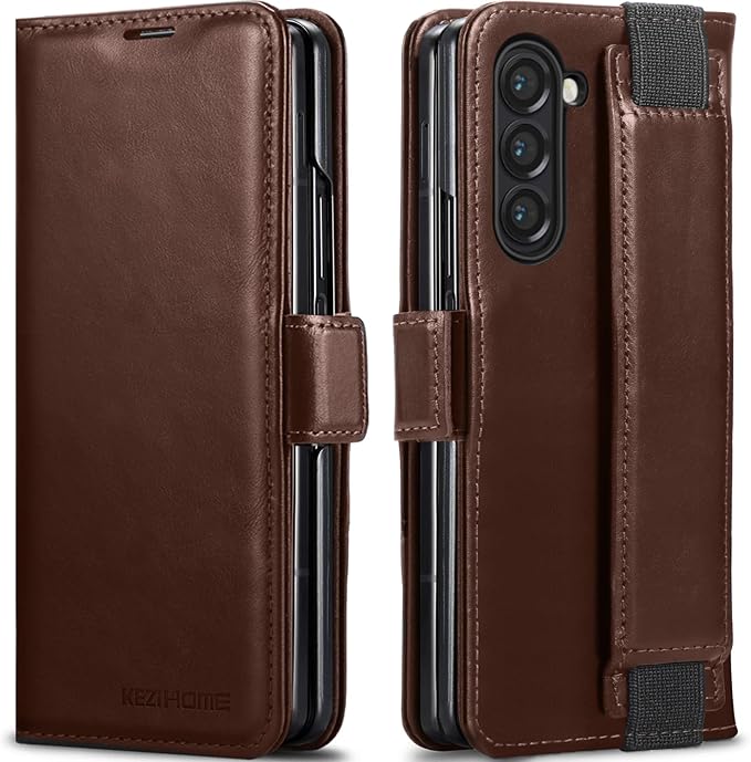 KEZiHOME for Samsung Galaxy Z Fold 6 Case, Genuine Leather Galaxy Z Fold6 Wallet Case [RFID Blocking] with Card Slots Stand Flip Protective Phone Cover Compatible with Samsung Z Fold 6 5G (Brown)