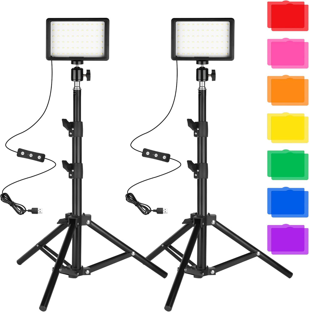 LED Photo Video Light 2-Pack, Ci-Fotto Dimmable 5600K USB LED Continuous Light Photography Light with Tripods and Color Filters for Photo Studios, YouTube, TikTok, Video Recording, Game Streaming