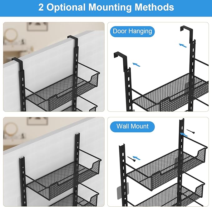 12.3" W Narrow Over the Door Pantry Organizer, 8-Tier Over the Door Organizer with Adjustable Basket, Pantry Door Organization for Pantry Kitchen Storage Room Spice Rack, Black