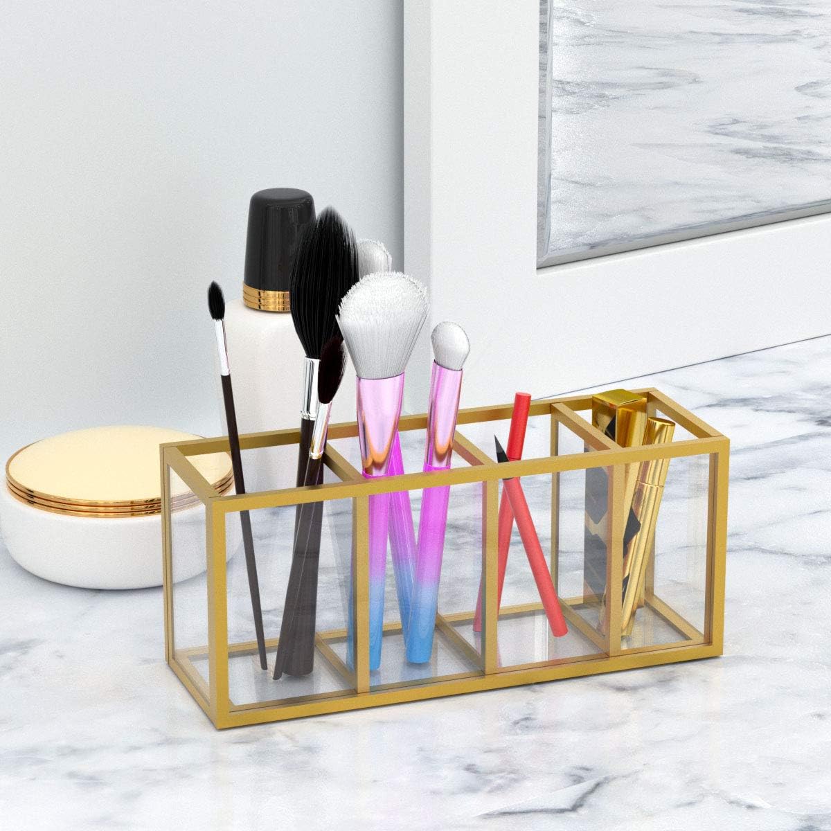 NIUBEE Acrylic Pen Holder 4 Compartments, Gold Copper Border Pencil Organizer Cup for Countertop Desk Accessory Storage