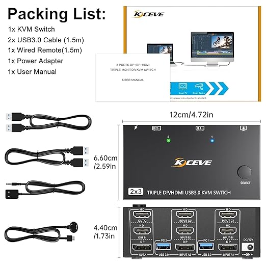 KVM Switch 3 Monitors 2 Computers 8K@60Hz/4K@144Hz, HDMI Displayport KVM Switches for 2 PC Sharing Triple Monitor and Keyboard Mouse with Power Adapter, Wired Extend Controller and USB3.0 Cables