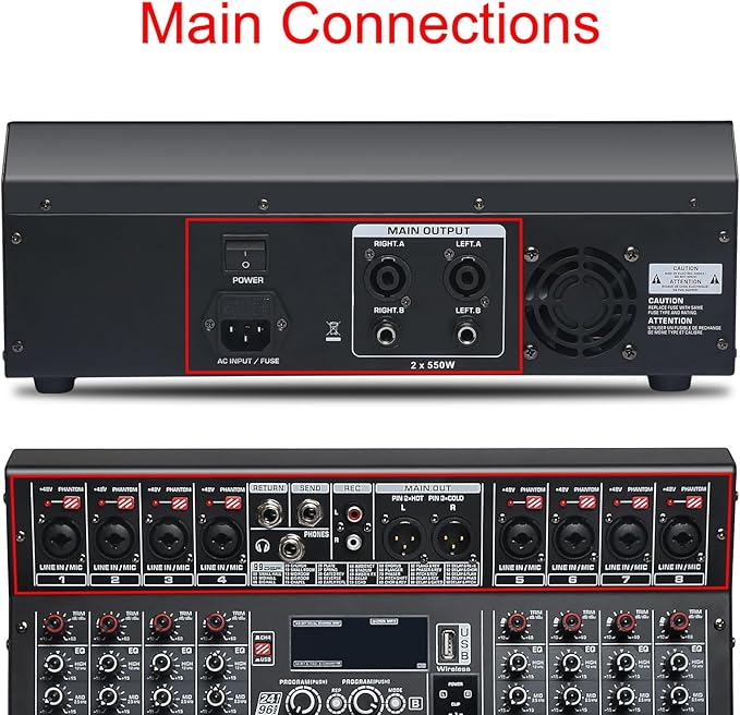 Audio Mixer 8 Channel, DJ Mixer Board with Power Amplifier, Audio Sound Card with 48V Phantom Power, Usb Audio Interface, Sounds Mixer Board with 99 DSP FX Reverb Delay Effect for Streaming