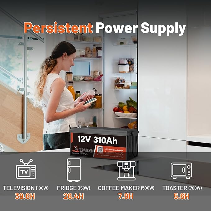 12V 310Ah LiFePO4 Lithium Battery – Max. 3968Wh Solar/RV/Off-Grid Power,15000+ Deep Cycles, 100A BMS,Low-Temp Protection,A+ Grade Cells for Marine, Trolling Motor, Home Energy Storage (1 Pack)