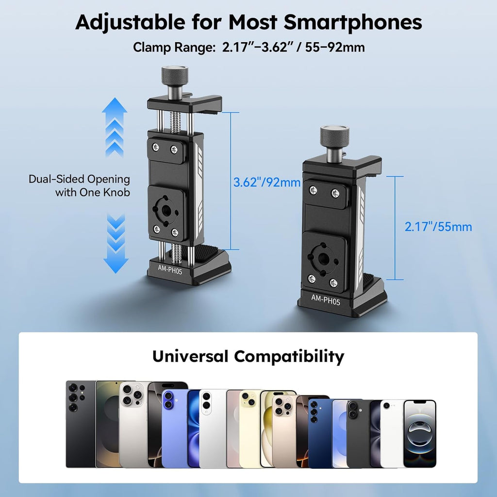 SIRUI Phone Mount for Tripod with Arca Base with 1/4"&3/8" Threaded Holes, Metal Tripod Cell Phone Clamp Holder with 2 Cold Shoes, Smartphone Adapter Compatible with iPhone, Galaxy, Pixel, AM-PH05