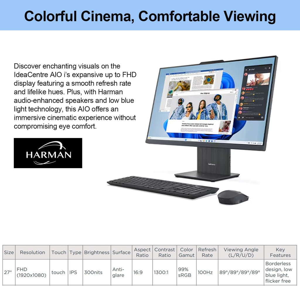 Lenovo 2024 IdeaCentre I Business All-in-One, 27" FHD Touchscreen 100Hz, i5-13420H, 16GB DDR5 RAM, 1TB SSD, Wireless Charging Base, Wireless KB & Mouse, Wi-Fi 6, Windows 11 Pro, Grey