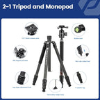 Fotopro 73" Carbon Fiber Tripod for Camera, Compact Travel Tripod with Ball Head, Detachable Monopod with Quick Release Plate and Camera Bag, Load up to 22lbs/10KG