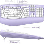 Ergonomic Wireless Keyboard and Mouse Combo, Wave Keys Keyboard with Wrist Rest for Natural Typing, 3 DPI Adjustable Ergonomic Silent Mouse for Computer/Laptop/Windows/Mac (Purple)