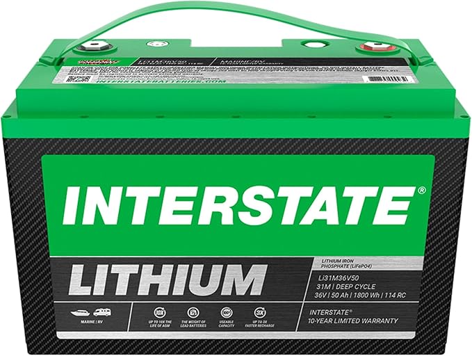 Interstate Batteries 36V 50Ah Group Size 31M Lithium Marine/RV Deep Cycle LiFePO4 Battery, Maintenance Free, Lightweight, Ideal For Boats, Trolling Motors, RV Camping, Off-Grid, Yachts (Li31M36V50)