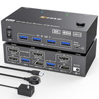 KVM Switch 2 Monitors 2 Computers 8K@60Hz/4K@144Hz, HDMI Displayport KVM Switches for 2 PC Sharing Dual Monitor and Keyboard Mouse with Power Adapter, Wired Extend Controller and USB3.0 Cables