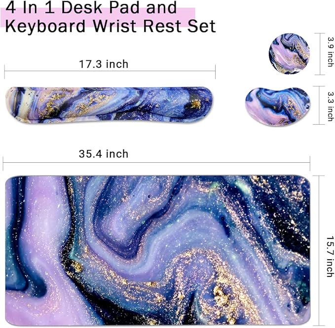 Keyboard Mouse Pad Set, Extended Mouse Pad+Keyboard Wrist Rest Support, Memory Foam Ergonomic Easy Typing, 3Pcs (35.4×15.7 in) Desk Pad Set for Home Office Study Game-Purple Marble