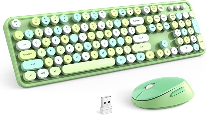 KNOWSQT Wireless Keyboard and Mouse Combo, Green Colorful 2.4G Typewriter Full-Size Retro Keyboards - USB Receiver Plug and Play, for Computer, PC, Laptop, Desktop, Windows