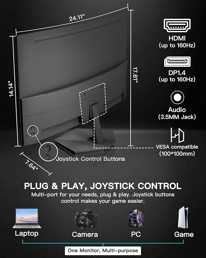 SANSUI 27 Inch Curved 160Hz Gaming Monitor, 1500R Curved Computer Gaming Monitor FHD 1080P, 4000:1, 110% sRGB, FPS/RTS, 1Ms MPRT|FreeSync|HDR|Low Blue Light|HDMI DP| VESA Support, HDMI Cable Incl.