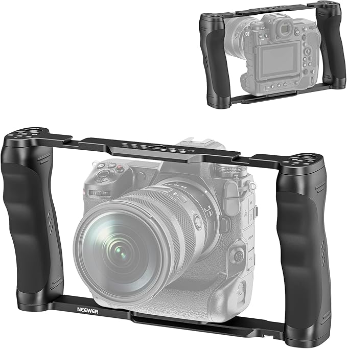NEEWER Video Camera Cage Rig with Arca Type Base/Dual Grips/Expansion Holes/15mm Rods, Universal Stabilizer Compatible with Sony Canon Nikon DSLR/DSLM, Compatible with SmallRig Accessories, CA016
