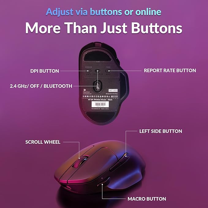 Keychron M7 8K Wireless Mouse, 30K DPI Optical Computer Mice, 2.4 GHz/Bluetooth/Wired with Macro Button 66g Lightweight Ergonomic, Up to 140 Hours Worktime for Laptop macOS/Windows - Black