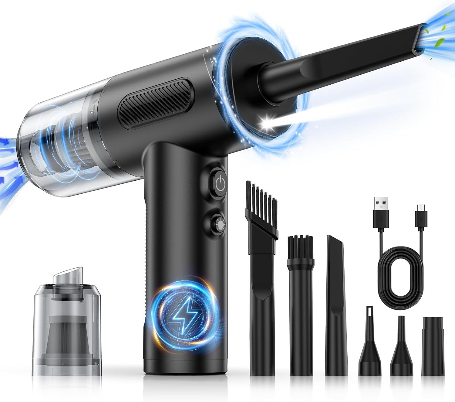 Compressed Air Duster, 100000RPM Handheld Car Vacuum/Air Blower& Pump, 3 Gear Adjustable Electric Air Duster/Car Vacuum Cleaner, Keyboard Duster with LED Light-10 Kits Air Blower for Computer(Black)
