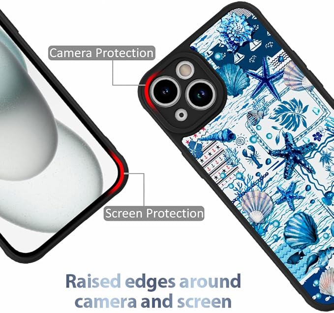 AIGOMARA Magnetic Case for iPhone 15 [Compatible with MagSafe] Blue Shell Starfish Ocean Holiday Collage for Women Girls Men Soft TPU Bumper Hack PC Back Heavy Duty Protective Slim Cover