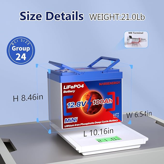 12V 100Ah Lifepo4 Battery, Bci Group 24, Built-In 100A Smart BMS, 4500 To 15000 Deep Cycle Grade A Cells Lithium Battery For Rv, Trolling Motor, Marine, Home Energy Storage, Solar Panel System (B-1PC)