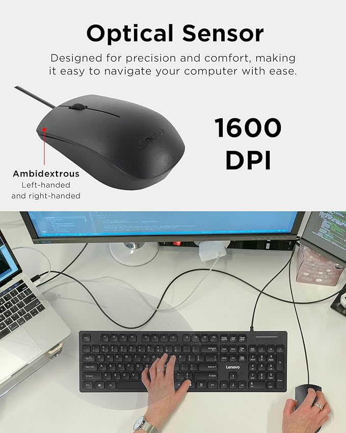 Lenovo 305 USB-C Wired Keyboard & Mouse Combo, Black, Spill-Resistant, Narrow Border, Adjustable Tilt, Full-Size Keyboard & Mouse, Compatible with Laptop, PC, Tablet, USB-C Connectivity Gaming Office
