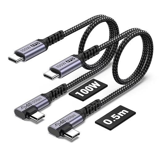 100W Short USB C Cable 3.1 Right Angle [1.5FT 2 Packs], 5A Fast Charging, 10GBbps High Speed Data E-Marker Chip Cords, 4K@60Hz Video Display