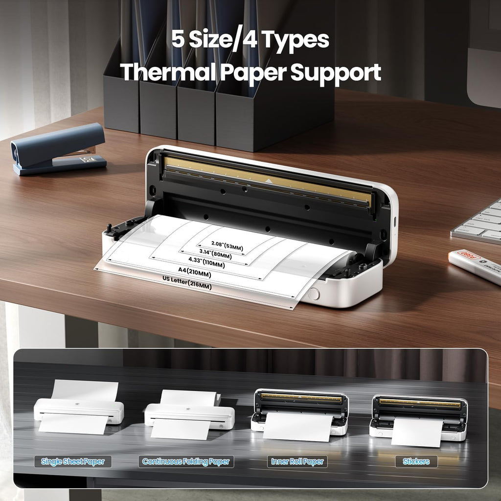 Phomemo Portable Printers Wireless for Travel [Upgraded],M834 Bluetooth Thermal Printer 8.5" x 11"& A4 Size,Inkless Mobile Printer with Carry Case for Travel,Office,School,Car,Home,White