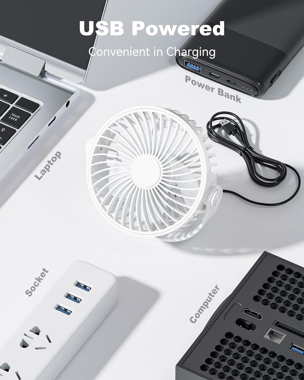 USB Desk Fan, 5 Inch Mini Portable, 3 Speeds Strong Airflow Personal Desktop, Detachable Cooling Fan 360° Rotation Quiet Small Fan for Desk Home Office Travel Car, White, 5ft Cable