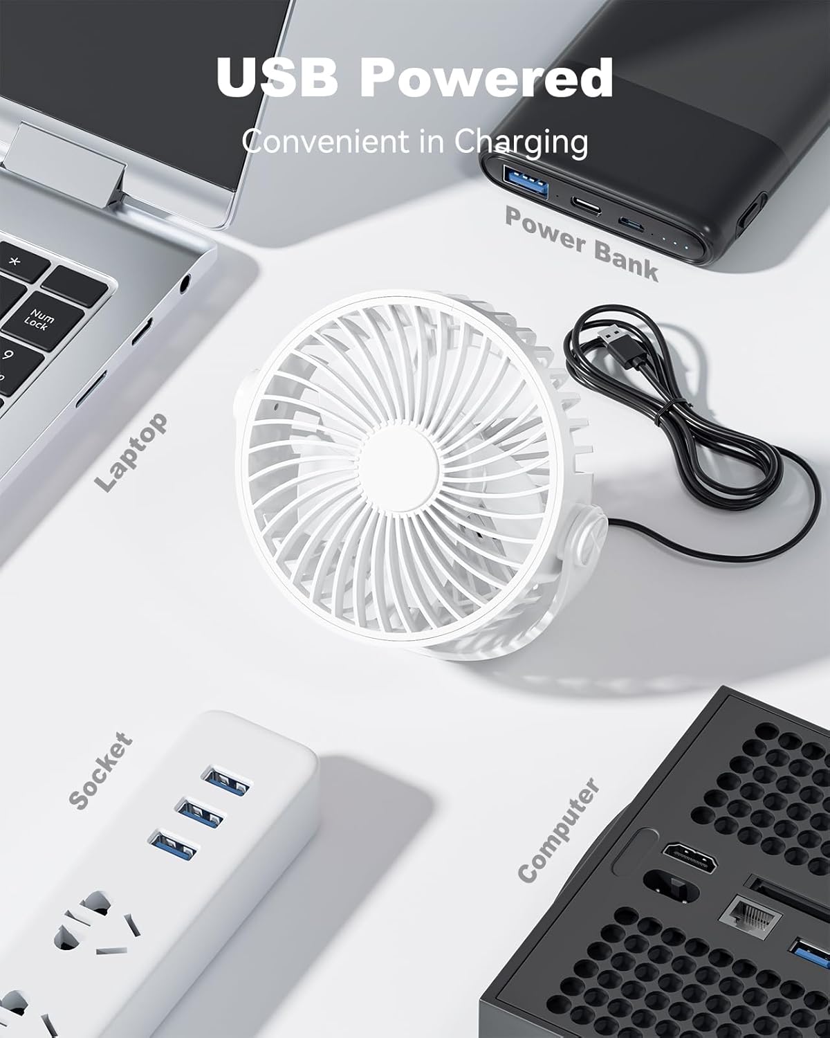 USB Desk Fan, 5 Inch Mini Portable, 3 Speeds Strong Airflow Personal Desktop, Detachable Cooling Fan 360° Rotation Quiet Small Fan for Desk Home Office Travel Car, White, 5ft Cable