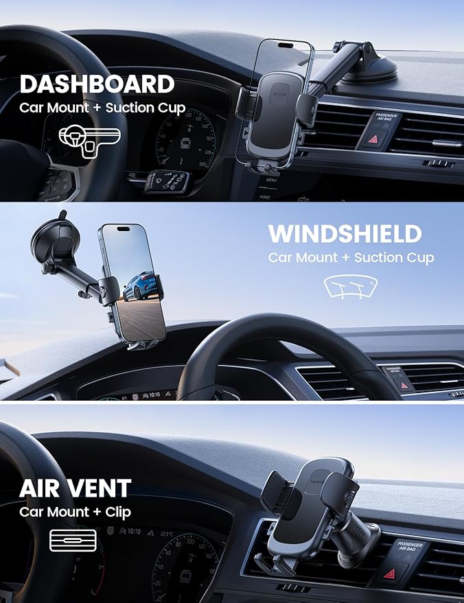 Lamicall Car Phone Holder Mount [3-in-1 Military-Grade Suction Cup] 360° Rotation Phone Holders for Your Car [Metal Hook] Cell Phone Car Mount Dashboard Vent Windshield Smartphone LeatherGrain