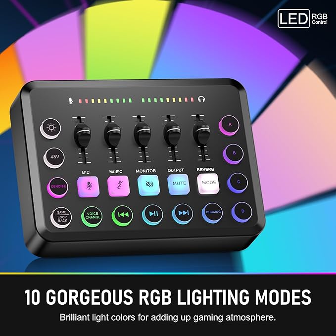 F11 Gaming Audio Mixer, Sound Board for PS5/ PC/Phone, Live Streaming Audio Interface with 3.5mm/XLR Microphone Input, Individual Control Live Sound Card, DJ Mixer Effects, Voice Changer, Denoise