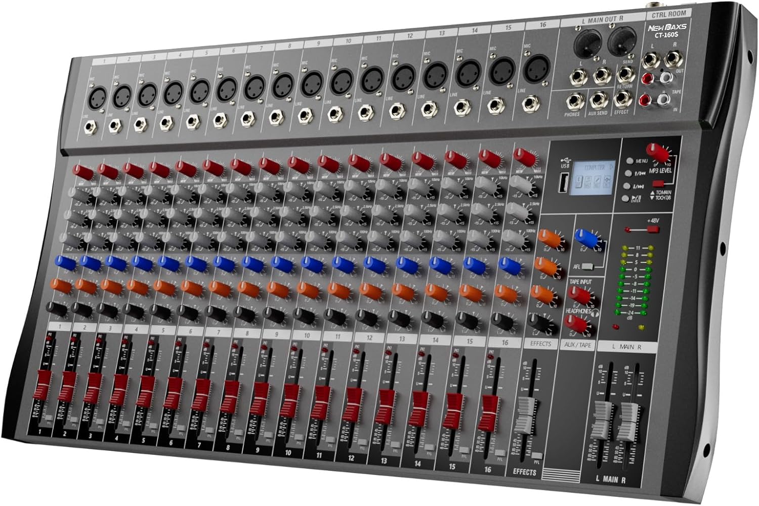 Professional DJ Audio Mixer,NEW BAXS 16 Channel DJ Bluetooth Controller Sound Mixer,USB Interface,16 XLR Mic/Line Input,AUX,FX Processor MP3 Player,+48V Phantom For Karaoke Studio Streaming Recording
