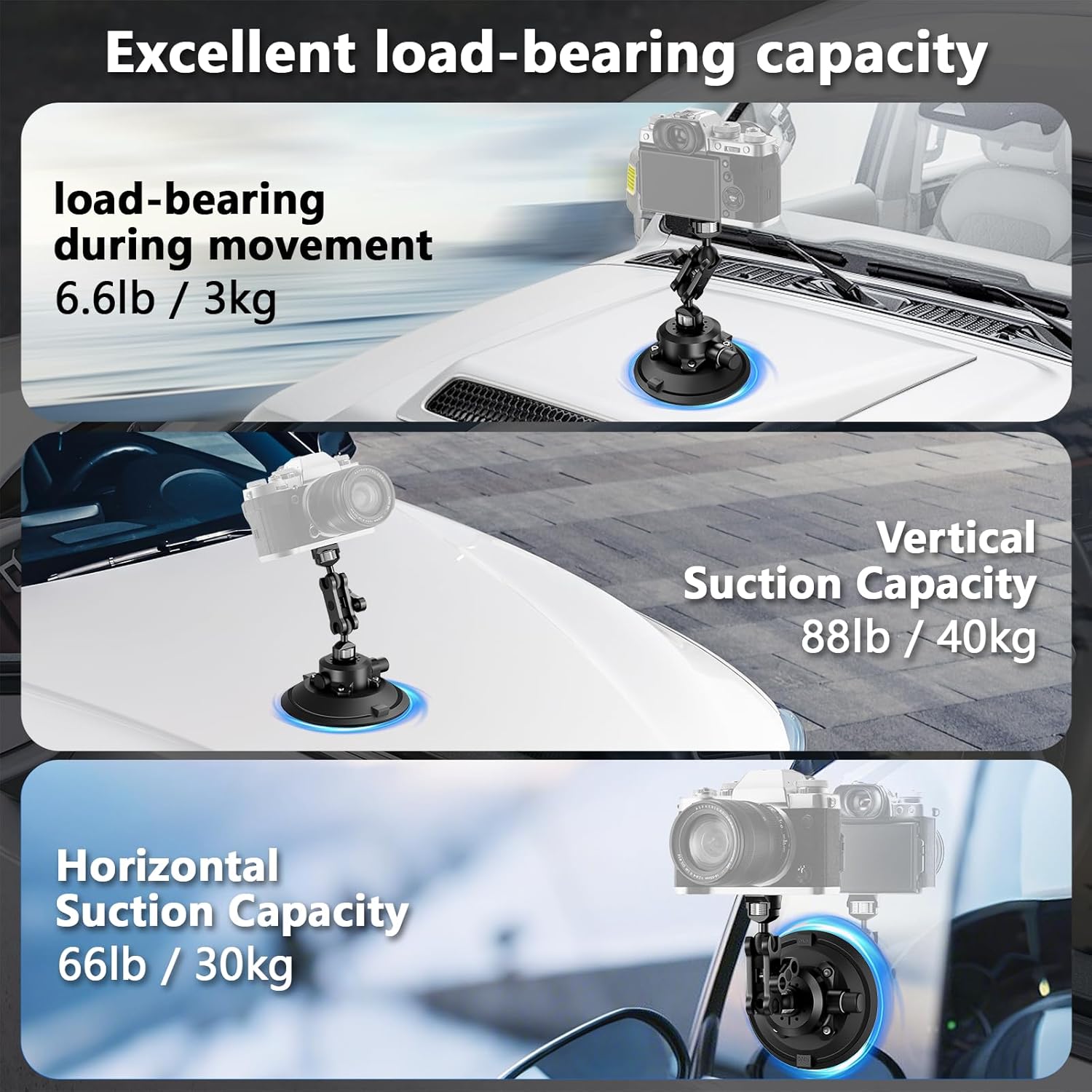 Camera Suction Cup Mount with Ball Head Magic Arm,4.5" Metal Vacuum Suction Cup Mount Car Windshield Dash Mount for Action Camera/Phone Holders with 1/4",1/8" Holes(Black)