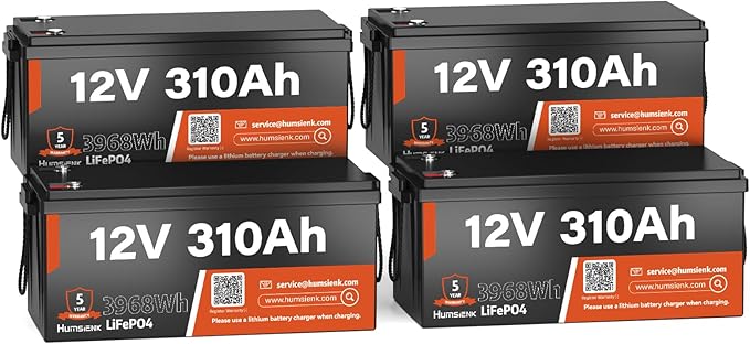 12V 310Ah LiFePO4 Lithium Battery 4PCS– Max. 3968Wh, 15000+ Deep Cycle Battery with 100A BMS, Low-Temp Cutoff | A+ Grade Cells for Marine, Trolling Motor, Off-Grid Home Energy Storage, Van Life