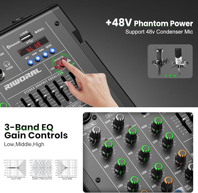 4 Channel Audio Interface DJ Mixer with 99 DSP Reverb Delay Effect USB Audio Interface +48V Phantom Bluetooth for Karaoke Studio Streaming Recording,Live Broadcasting,Podcasting