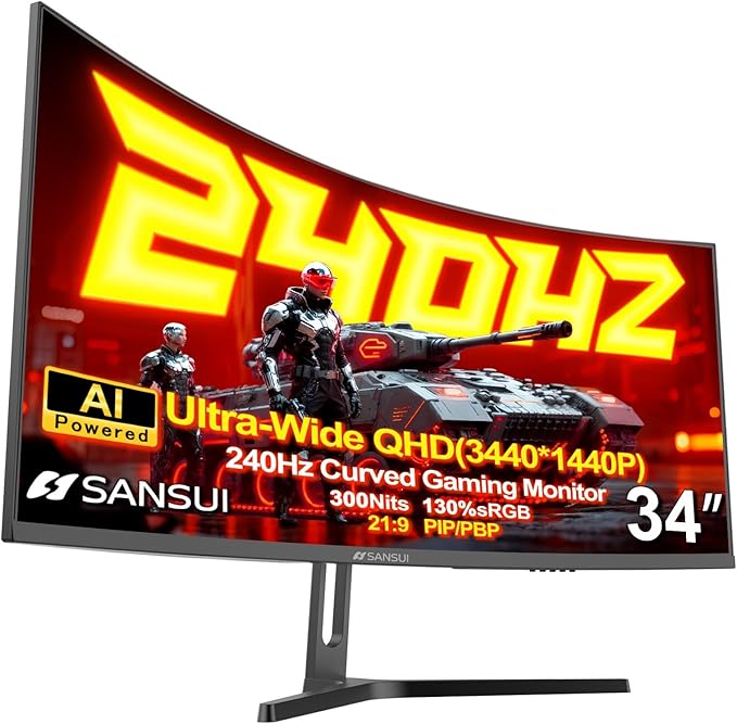 SANSUI 34 Inch 3440x1440P 240Hz Ultrawide UWQHD Gaming Monitor,21:9 2K Curved Monitor 1500R,Fast VA, PIP/PBP,AI Crosshair,AIPQ(Visual Enhance),MPRT 1ms,HDR,HDMI2.1 * 2,DP1.4 * 2(DP Cable Included)