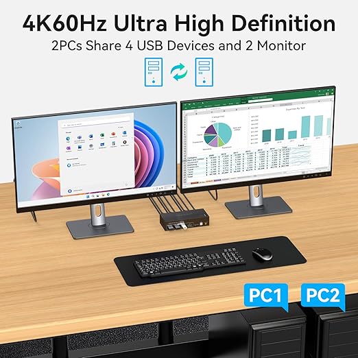 HDMI KVM Switch 2 Monitors 2 Computers 4K60Hz Dual Monitor KVM Switches for Dual PC or Laptops Share 1 Set of Keyboard Mouse Printer Wired Controller and 12V 1A DC Adapter Included