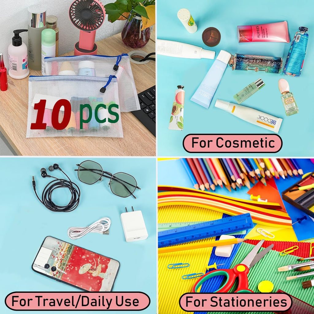 AUSTARK 10 Pcs Zipper File Bags, Waterproof Plastic Mesh Pouch for Office School, Board Game Storage Bags (A5 Size 9.2''x6.7'', White and Blue)