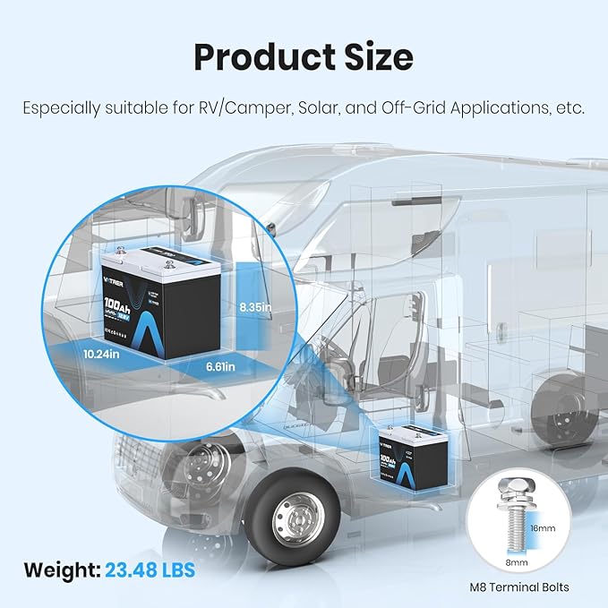12.8V 100Ah Upgrade Group 24 Lithium LiFePO4 Battery, Built-in 100A BMS Rechargeable Battery, Low/High Temperature Cutoff Protection, Perfect for RV, Boat, Off-Grid, Solar Energy System, Backup Power