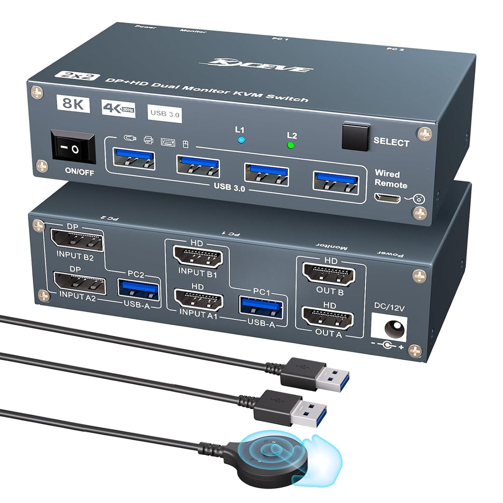 HDMI Displayport Hybird KVM Switch 2 Monitors 2 Computers 8K@60Hz 4K@144Hz, Aluminum Dual Monitor KVM Switches for 2 PC Share 2 Monitor and 4 USB Devices, Support Extended/Copy Mode,Cables Included