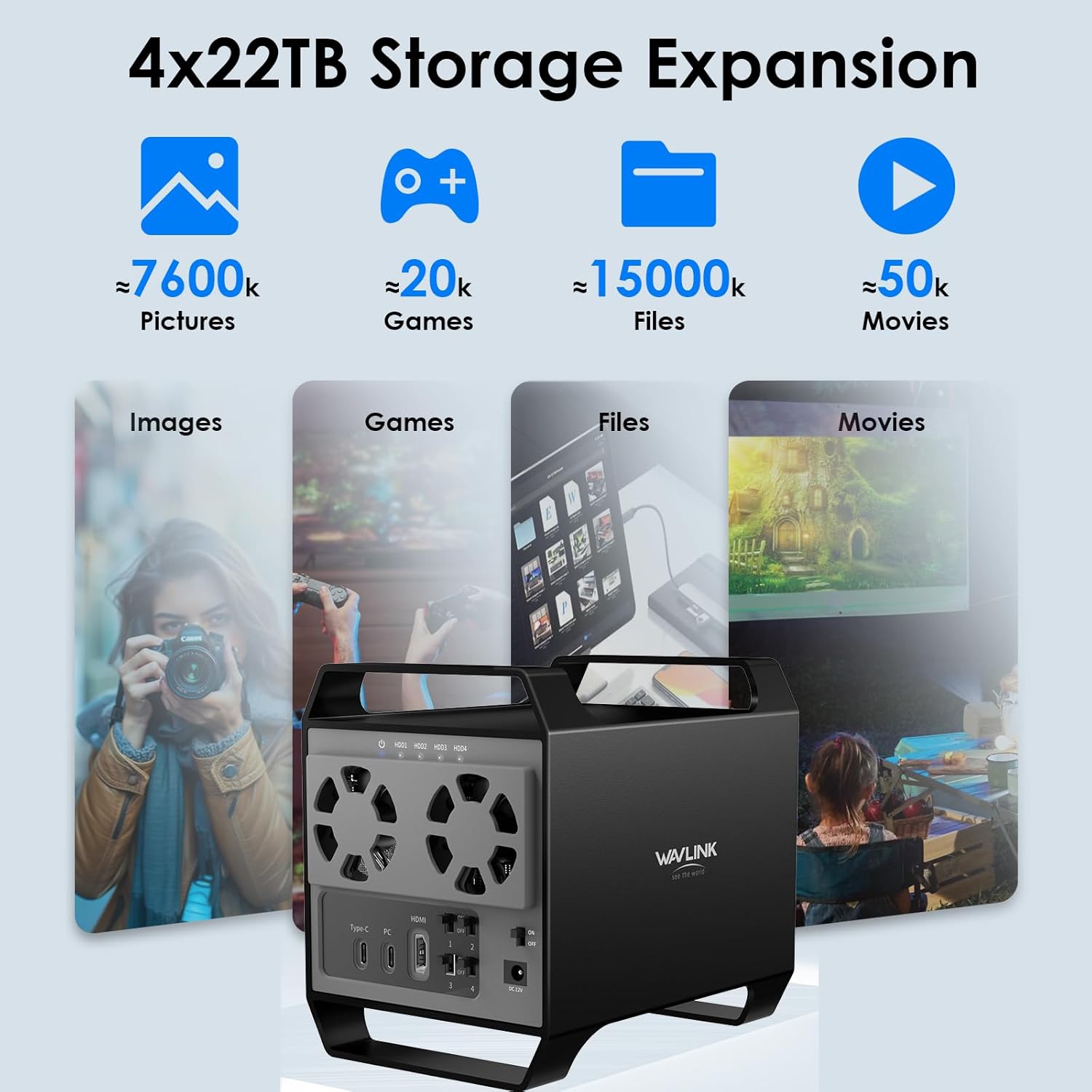 WAVLINK 4-Bay Hard Drive Enclosure for 3.5" and 2.5'' SATA HDD/SSD Featuring 10Gbps USB-C 3.2, Max 88TB Capacity, Built-in Temp-Controlled Cooling Fans, 4K HDMI Stunning Video Output, Aluminum Shell