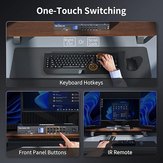 TESmart USB 3.0 HDMI KVM Switch 3 Monitors 4 Computers 4K@60Hz, Headset, Audio&Microphone, EDID emulators, Hotkey Switch, Wired Network, Rack-Ears, 4 Port Triple Monitor KVM Switch with All Cables