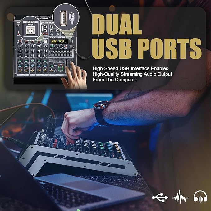 6 Channel Audio Mixer Sound Board Console System 99 DSP DJ Mixer 48V Phantom for Karaoke DJ Studio Streaming Recording